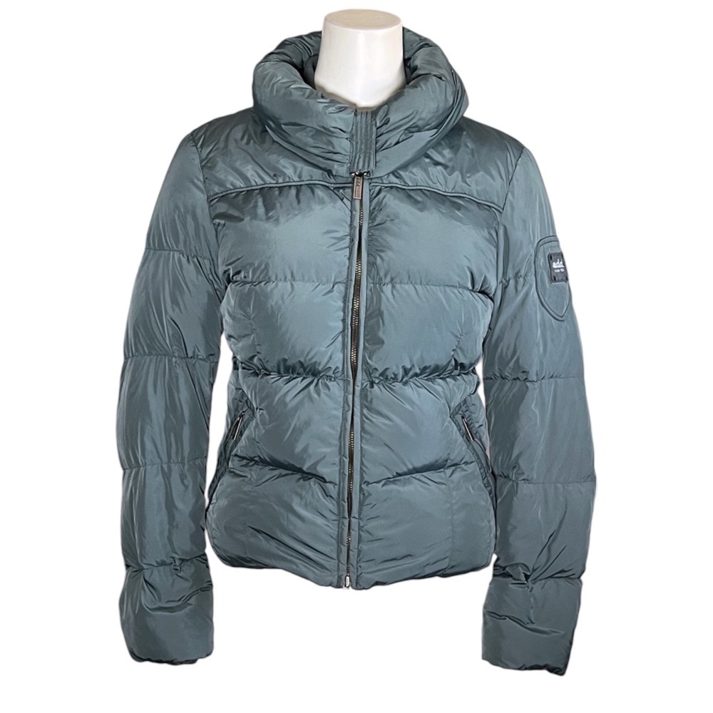 ADD Goose Down Puffer Jacket Size 6 Full Zip Blue Short Zip-Pockets Funnel Neck